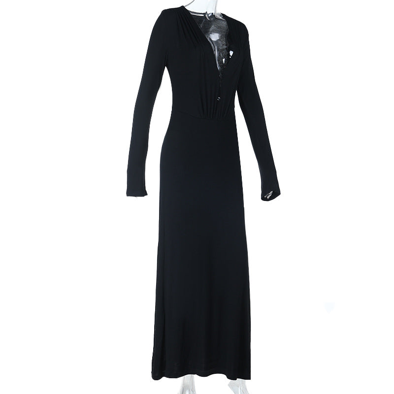 Effortless Chic: Black V-Neck Long Sleeve Ruched Maxi Dress - Perfect for Fall & Holiday Elegance