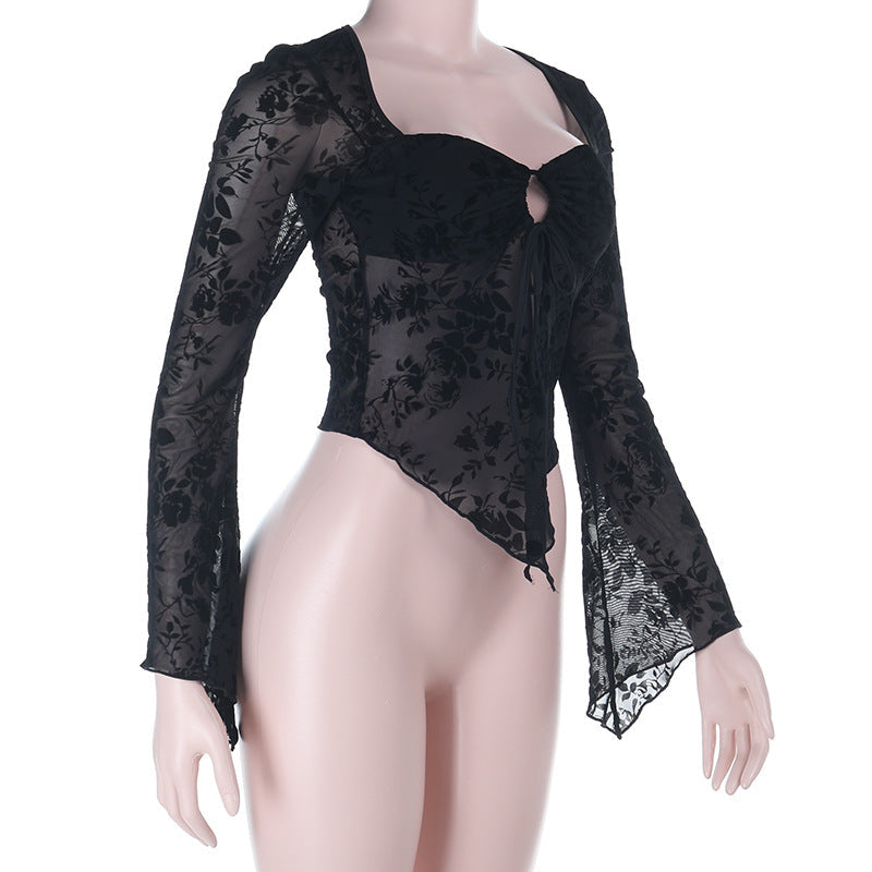 Dark Romance Velvet Floral Sheer Black Crop Top with O-Ring Tie | Bell Sleeve Fall Going Out Top