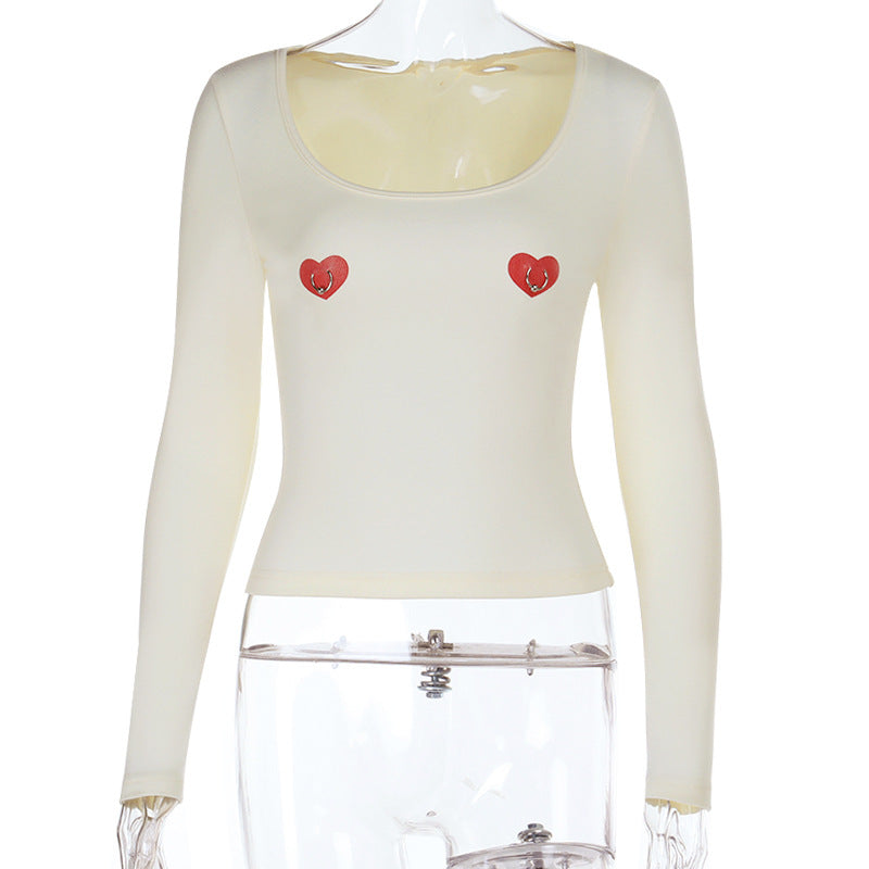 Edgy Sweetheart Pierced Heart Long Sleeve Top | Y2K Fall Fashion U-Neck Tee