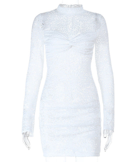 Glamorous White Lace Mock Neck Mini Dress - Long Sleeve Holiday Party & New Year's Eve Ready