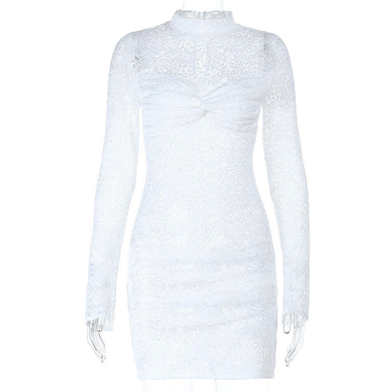 Glamorous White Lace Mock Neck Mini Dress - Long Sleeve Holiday Party & New Year's Eve Ready