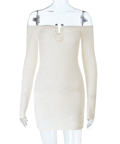 Effortless Chic: Winter White Textured Off-Shoulder Mini Dress - Long Sleeve Holiday & Date Night Essential