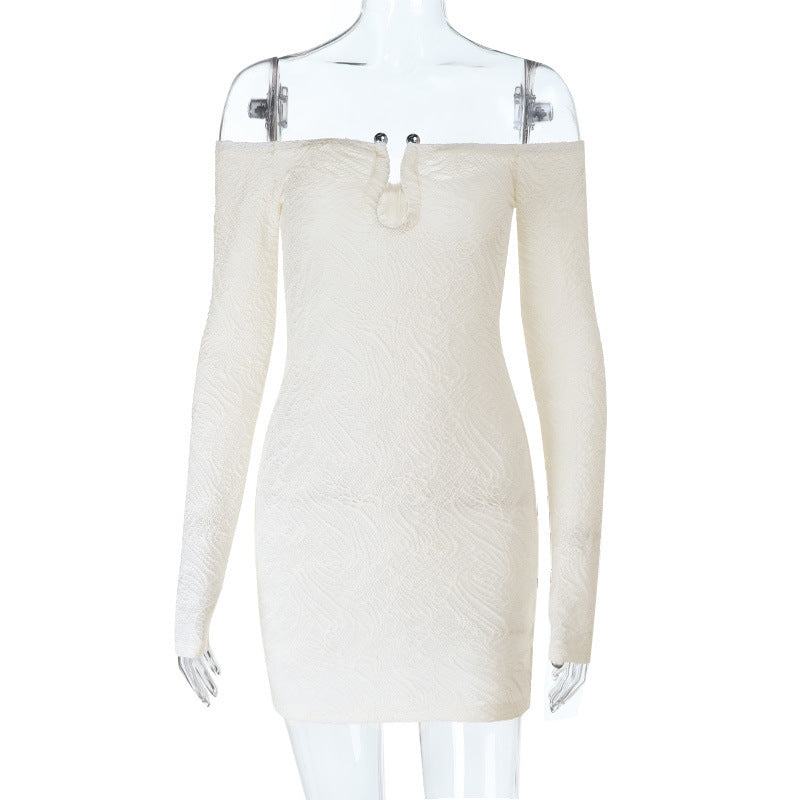 Effortless Chic: Winter White Textured Off-Shoulder Mini Dress - Long Sleeve Holiday & Date Night Essential