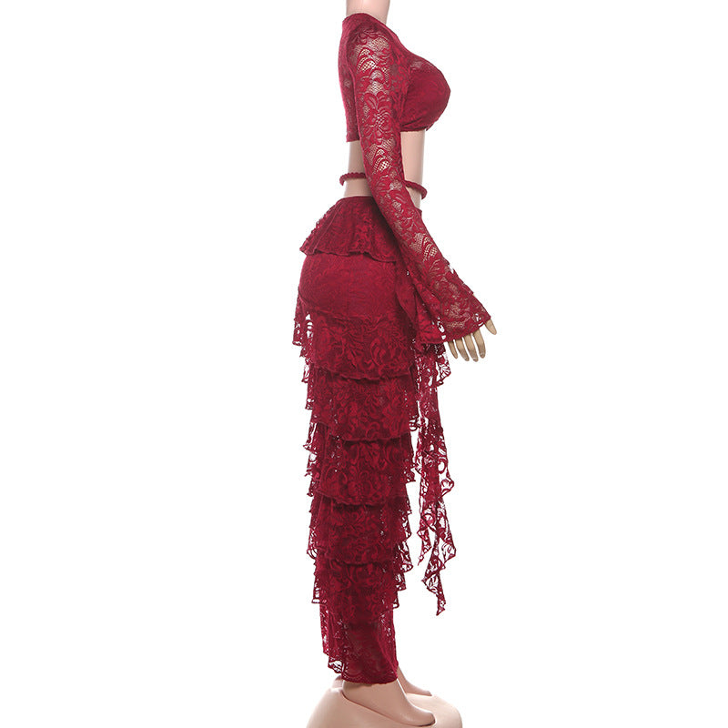 Ethereal Lace Ruffle Two-Piece Maxi Set - Haute Halloween & Resort Ready