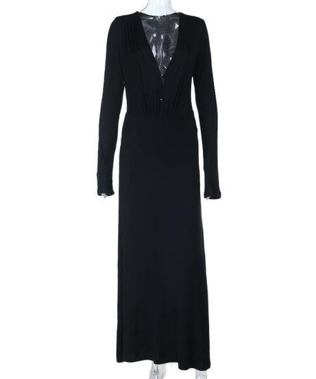 Effortless Chic: Black V-Neck Long Sleeve Ruched Maxi Dress - Perfect for Fall & Holiday Elegance