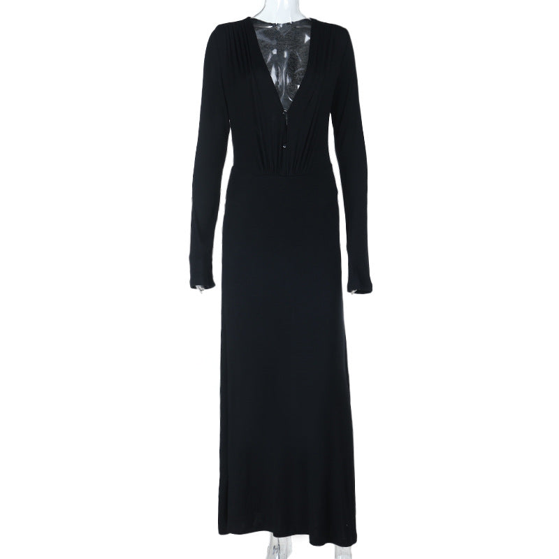 Effortless Chic: Black V-Neck Long Sleeve Ruched Maxi Dress - Perfect for Fall & Holiday Elegance