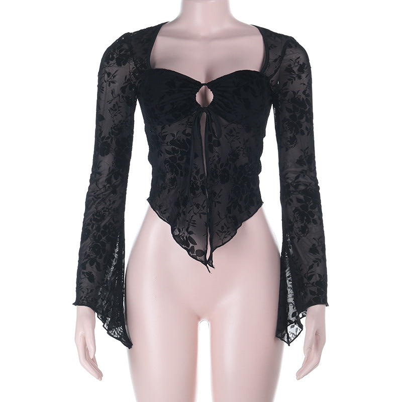 Dark Romance Velvet Floral Sheer Black Crop Top with O-Ring Tie | Bell Sleeve Fall Going Out Top