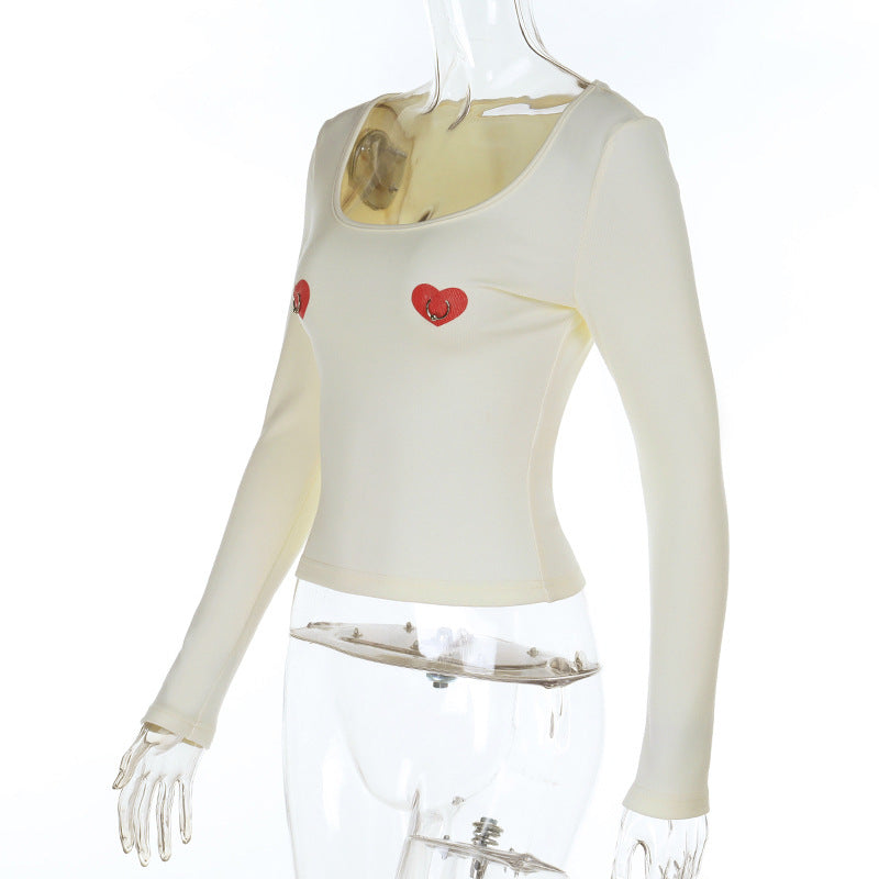 Edgy Sweetheart Pierced Heart Long Sleeve Top | Y2K Fall Fashion U-Neck Tee