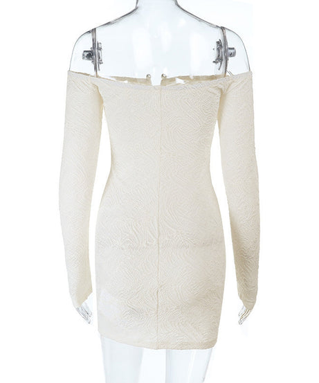 Effortless Chic: Winter White Textured Off-Shoulder Mini Dress - Long Sleeve Holiday & Date Night Essential