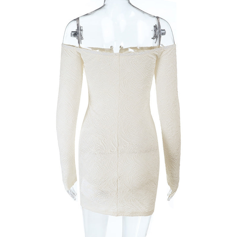 Effortless Chic: Winter White Textured Off-Shoulder Mini Dress - Long Sleeve Holiday & Date Night Essential