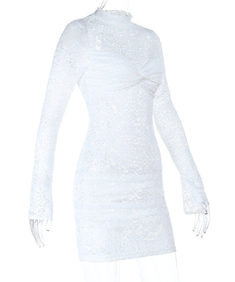 Glamorous White Lace Mock Neck Mini Dress - Long Sleeve Holiday Party & New Year's Eve Ready