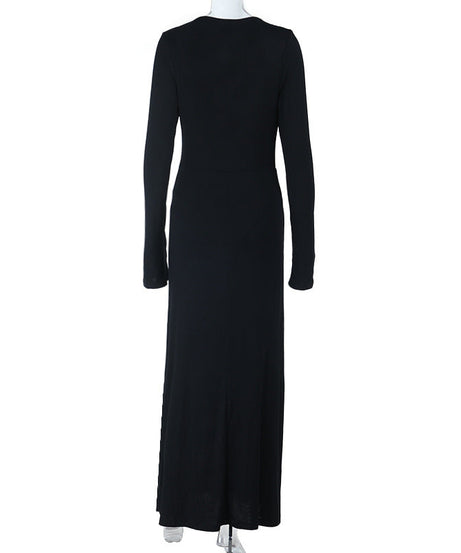 Effortless Chic: Black V-Neck Long Sleeve Ruched Maxi Dress - Perfect for Fall & Holiday Elegance