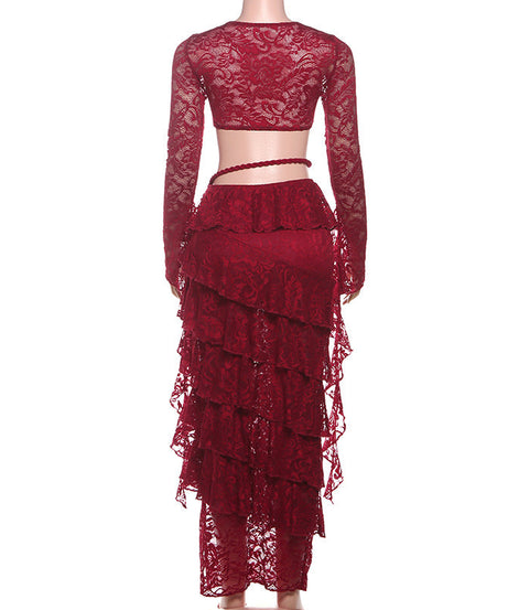 Ethereal Lace Ruffle Two-Piece Maxi Set - Haute Halloween & Resort Ready