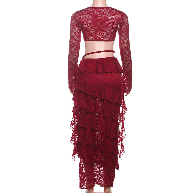 Ethereal Lace Ruffle Two-Piece Maxi Set - Haute Halloween & Resort Ready