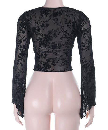 Dark Romance Velvet Floral Sheer Black Crop Top with O-Ring Tie | Bell Sleeve Fall Going Out Top