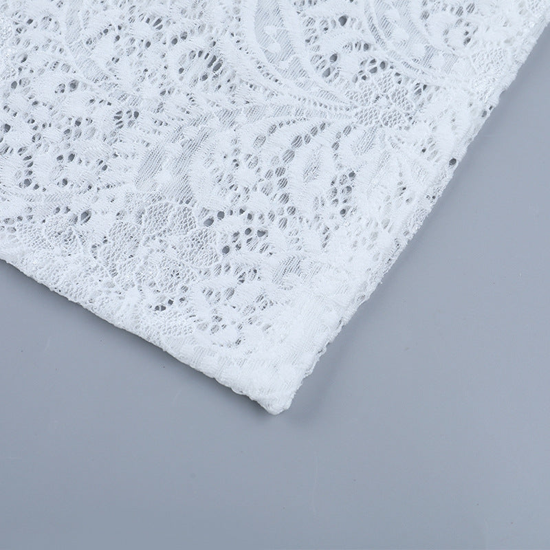 Glamorous White Lace Mock Neck Mini Dress - Long Sleeve Holiday Party & New Year's Eve Ready