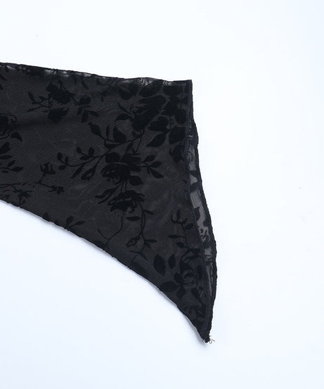 Dark Romance Velvet Floral Sheer Black Crop Top with O-Ring Tie | Bell Sleeve Fall Going Out Top