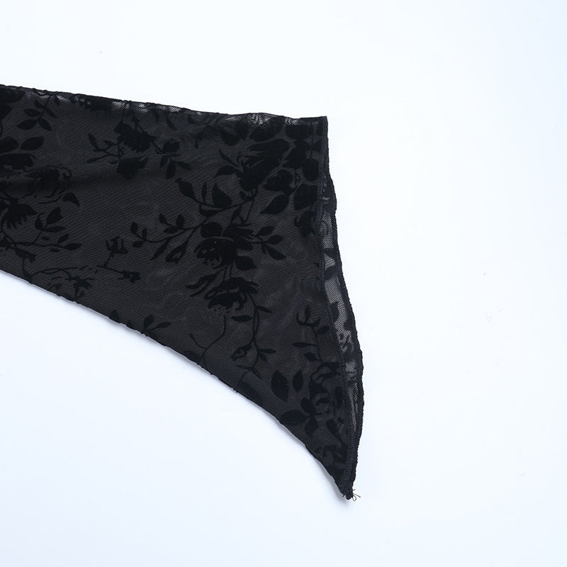 Dark Romance Velvet Floral Sheer Black Crop Top with O-Ring Tie | Bell Sleeve Fall Going Out Top
