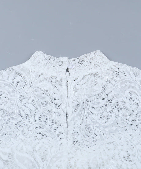 Glamorous White Lace Mock Neck Mini Dress - Long Sleeve Holiday Party & New Year's Eve Ready