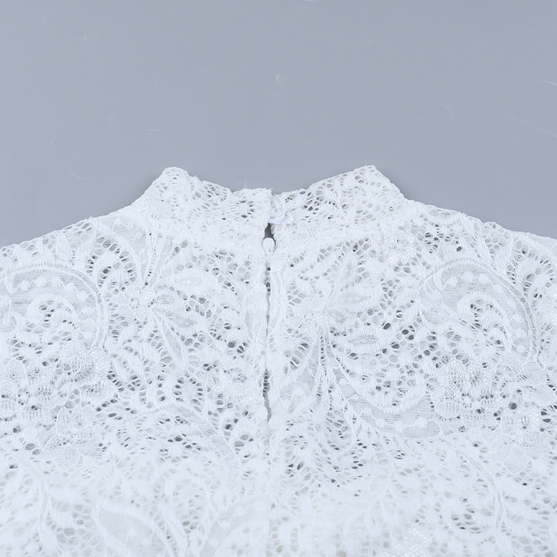 Glamorous White Lace Mock Neck Mini Dress - Long Sleeve Holiday Party & New Year's Eve Ready