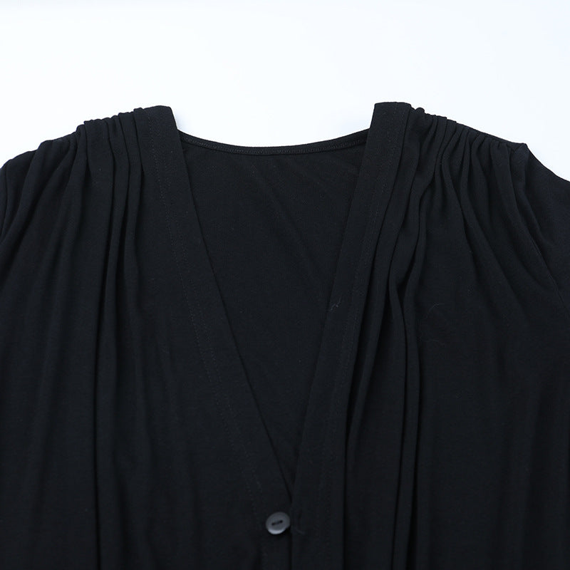 Effortless Chic: Black V-Neck Long Sleeve Ruched Maxi Dress - Perfect for Fall & Holiday Elegance