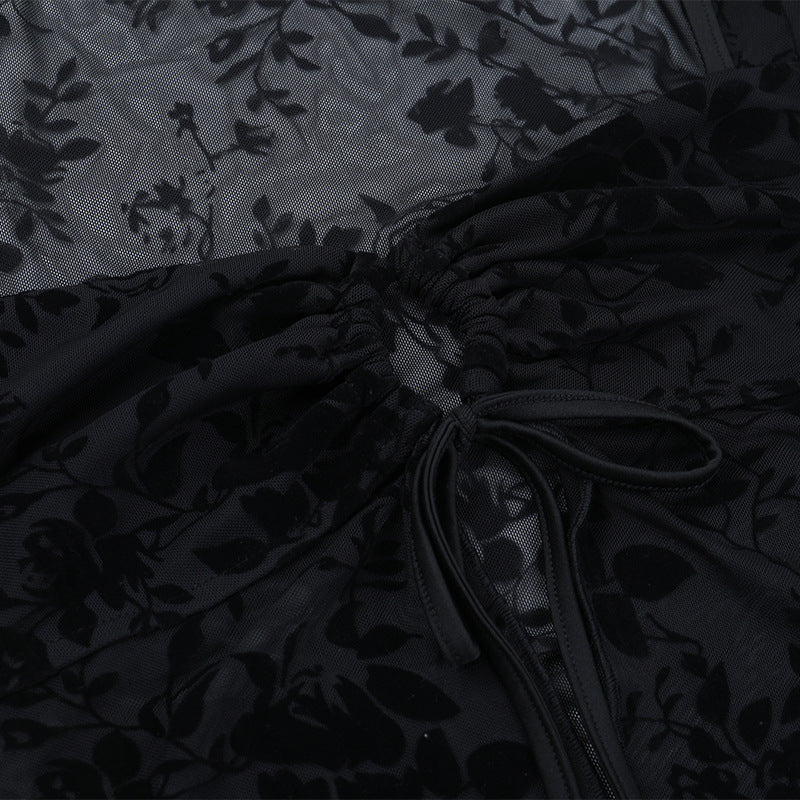 Dark Romance Velvet Floral Sheer Black Crop Top with O-Ring Tie | Bell Sleeve Fall Going Out Top