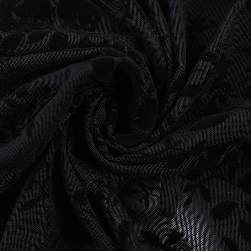 Dark Romance Velvet Floral Sheer Black Crop Top with O-Ring Tie | Bell Sleeve Fall Going Out Top