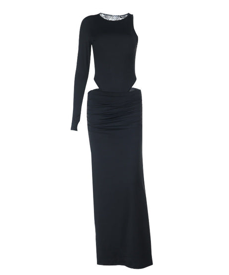Bold Black Cutout Maxi Dress - One-Shoulder Long Sleeve for Fall Soirées & Parties