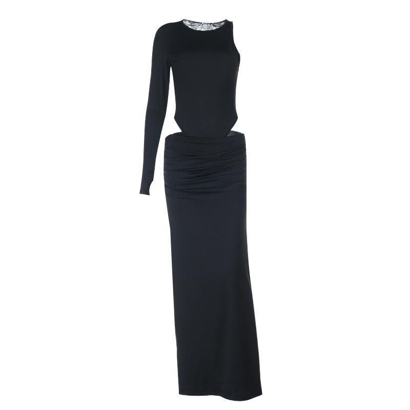 Bold Black Cutout Maxi Dress - One-Shoulder Long Sleeve for Fall Soirées & Parties