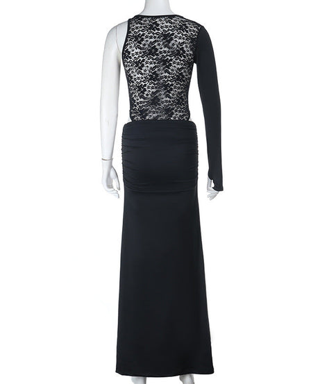 Bold Black Cutout Maxi Dress - One-Shoulder Long Sleeve for Fall Soirées & Parties