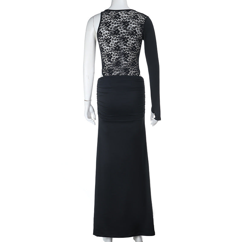 Bold Black Cutout Maxi Dress - One-Shoulder Long Sleeve for Fall Soirées & Parties