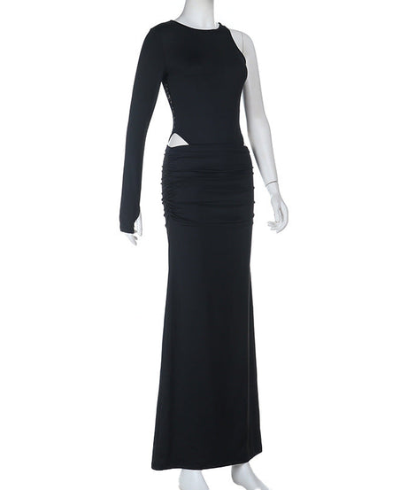 Bold Black Cutout Maxi Dress - One-Shoulder Long Sleeve for Fall Soirées & Parties