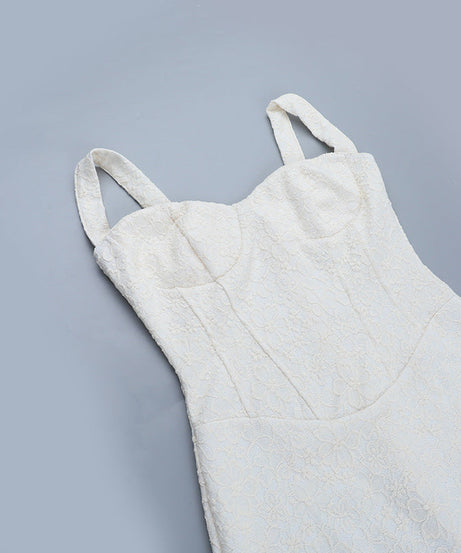 Sculpted Elegance: White Lace Bustier Maxi Dress | Fall & Holiday Party Ready