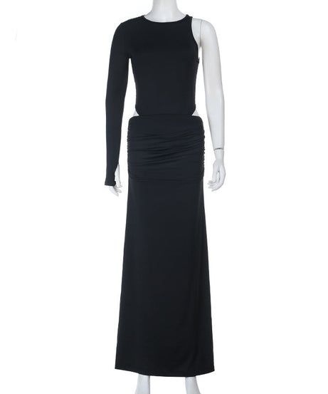 Bold Black Cutout Maxi Dress - One-Shoulder Long Sleeve for Fall Soirées & Parties
