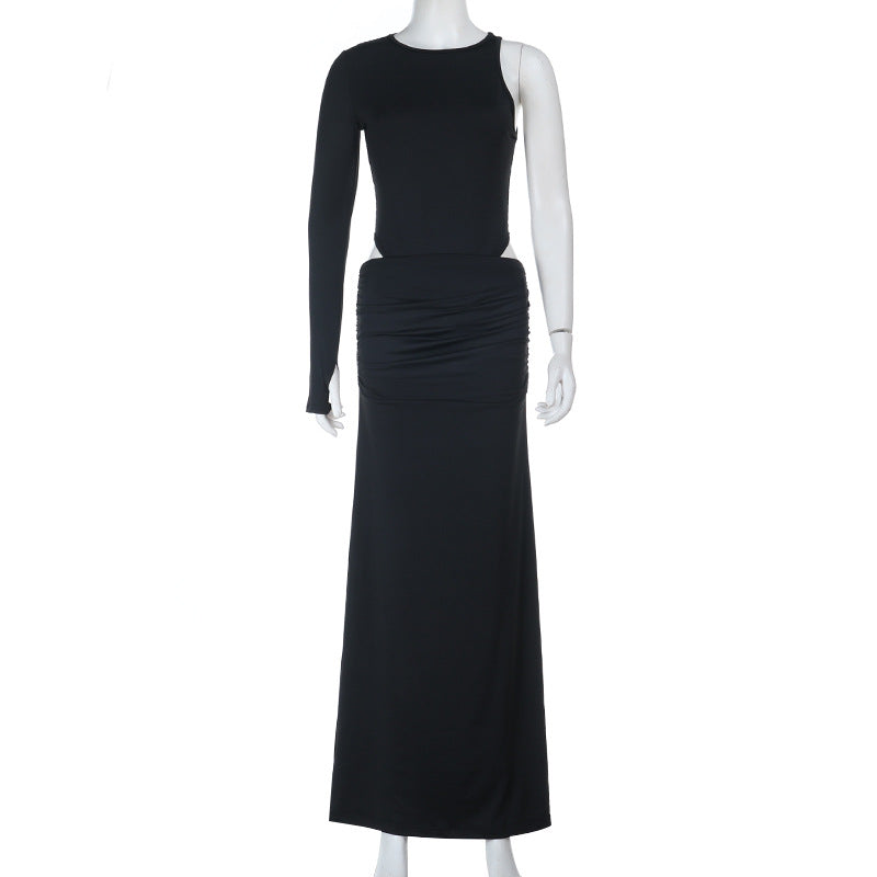 Bold Black Cutout Maxi Dress - One-Shoulder Long Sleeve for Fall Soirées & Parties