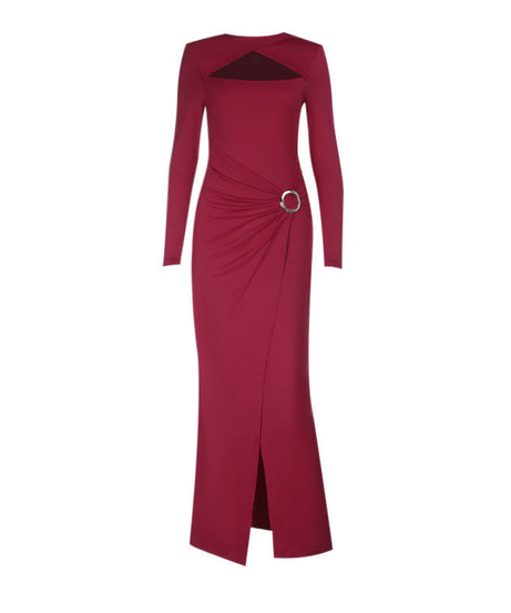 Elegant Burgundy O-Ring Slit Maxi Dress | Chic Long Sleeve Cutout Gown for Fall & Holiday Parties