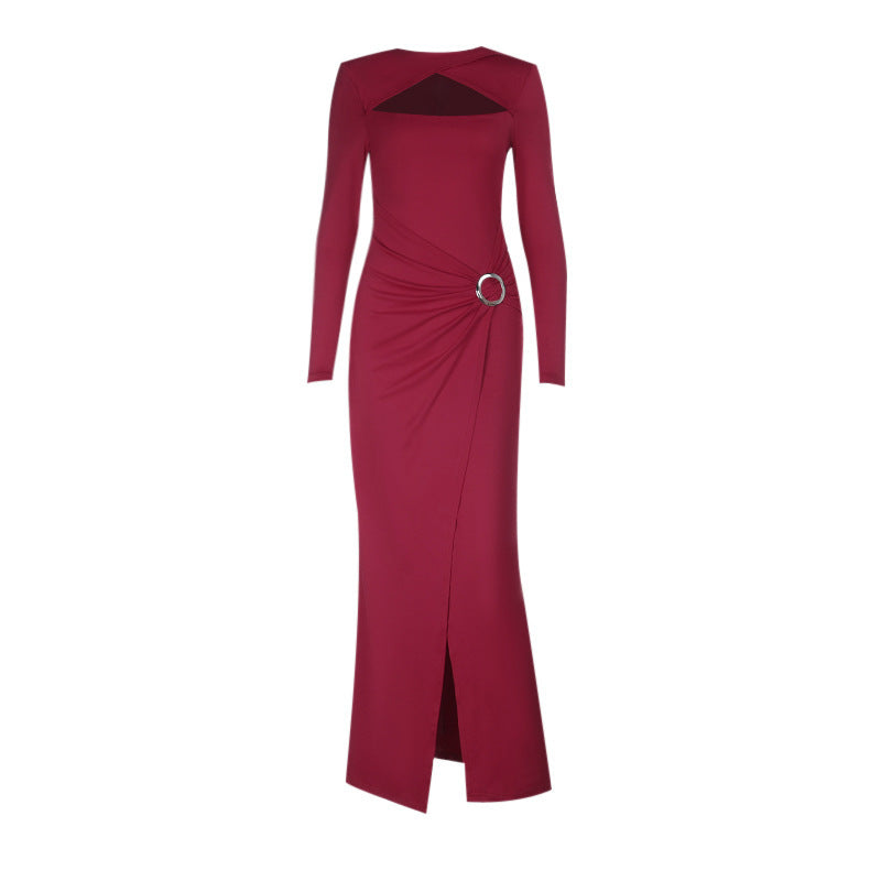 Elegant Burgundy O-Ring Slit Maxi Dress | Chic Long Sleeve Cutout Gown for Fall & Holiday Parties