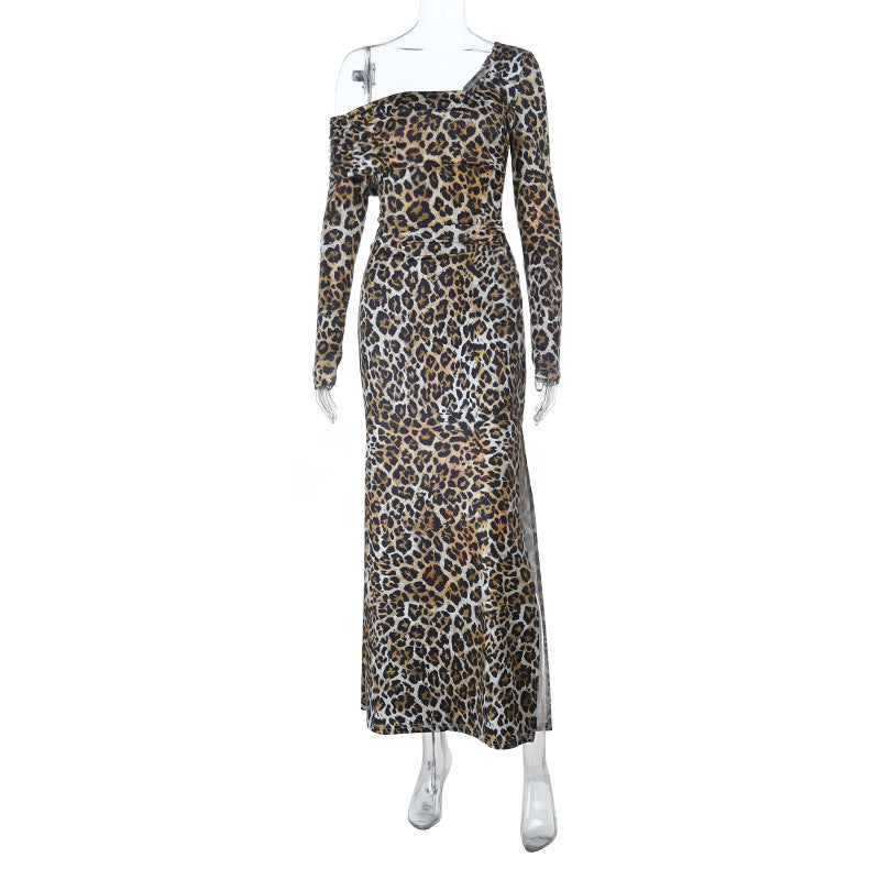 Fierce Leopard Print One-Shoulder Long Sleeve Maxi Dress with High Slit | Fall & Holiday Party Ready