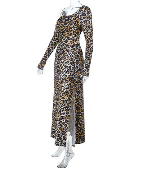 Fierce Leopard Print One-Shoulder Long Sleeve Maxi Dress with High Slit | Fall & Holiday Party Ready