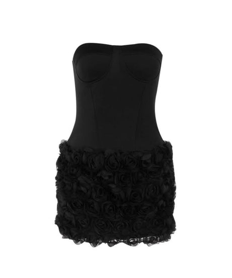 The Ultimate Black Rose Appliqué Mini Dress - Strapless Party Chic for Fall & Holiday