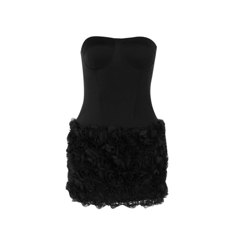 The Ultimate Black Rose Appliqué Mini Dress - Strapless Party Chic for Fall & Holiday