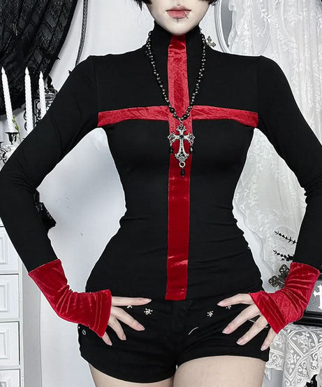 Gothic Red Cross Turtleneck Long Sleeve Top - Edgy Fall & Halloween Fashion for American Women