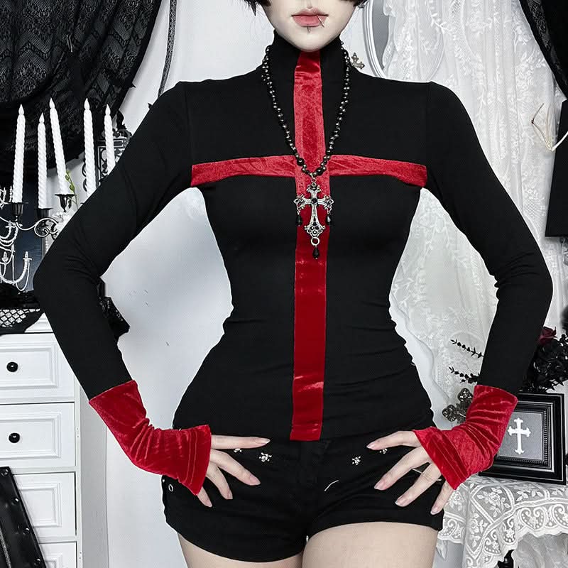 Gothic Red Cross Turtleneck Long Sleeve Top - Edgy Fall & Halloween Fashion for American Women