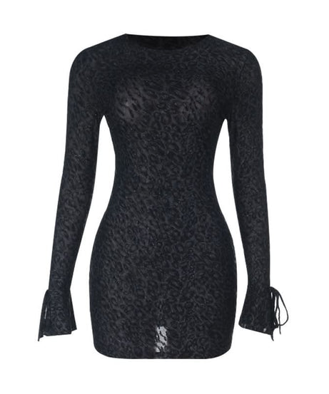 Sultry Shimmer Leopard Print Long Sleeve Bodycon Mini Dress with Tie Cuffs – Holiday Party & NYE Ready