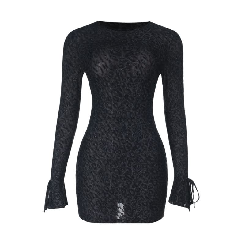 Sultry Shimmer Leopard Print Long Sleeve Bodycon Mini Dress with Tie Cuffs – Holiday Party & NYE Ready