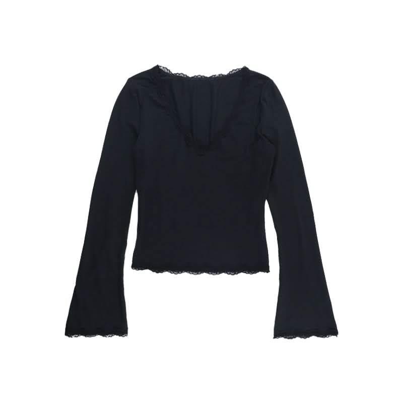 Elegant Black Lace Bell Sleeve V-Neck Top - Your Chic Fall & Holiday Essential