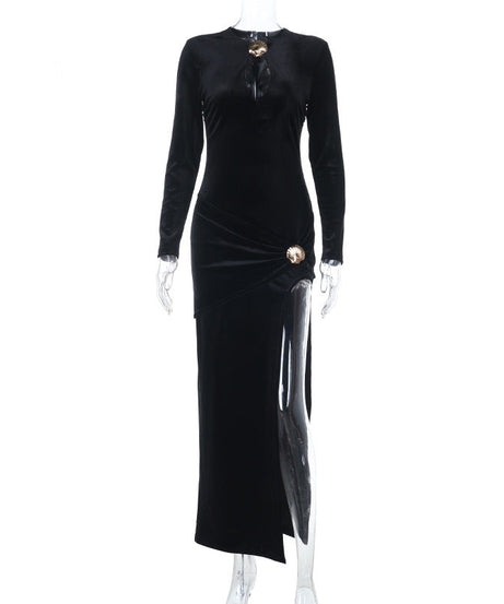 Luxurious Black Velvet Maxi Dress with Keyhole & Slit - Your Stunning Holiday & New Year's Eve Ensemble
