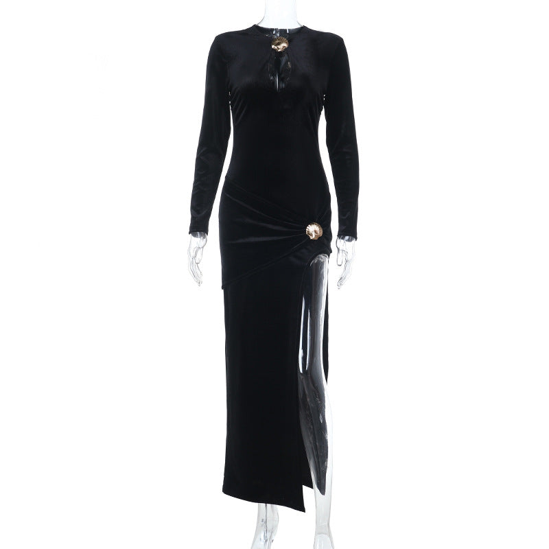 Luxurious Black Velvet Maxi Dress with Keyhole & Slit - Your Stunning Holiday & New Year's Eve Ensemble