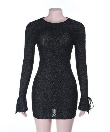 Sultry Shimmer Leopard Print Long Sleeve Bodycon Mini Dress with Tie Cuffs – Holiday Party & NYE Ready