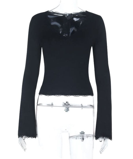 Elegant Black Lace Bell Sleeve V-Neck Top - Your Chic Fall & Holiday Essential